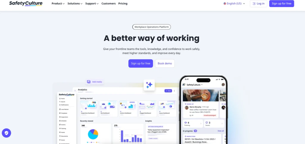 SafetyCulture home page: a better way of working, with analytics and a mobile app