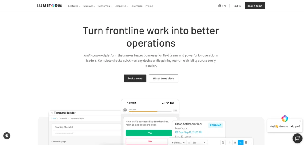 Lumiform home page: turn frontline work into better operations, with a template builder and mobile checklist