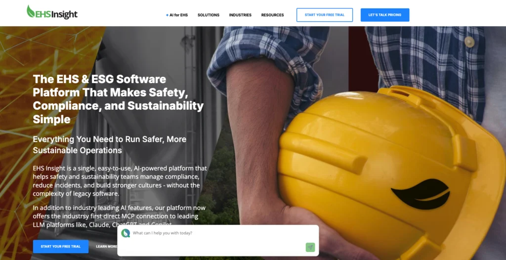 EHS Insight home page: the EHS and ESG software platform, beside a worker holding a yellow hard hat