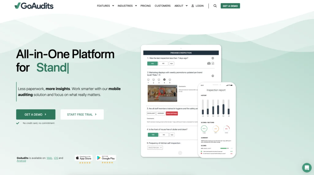 GoAudits home page: all-in-one platform, with an inspection form and report on a phone