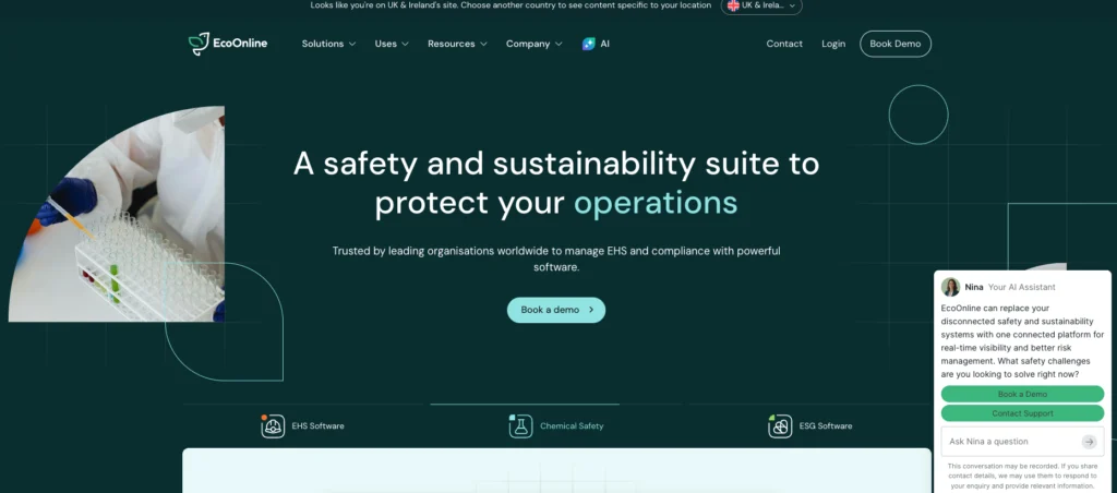 EcoOnline home page: a safety and sustainability suite to protect your operations