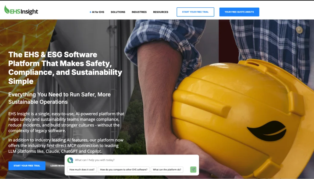 EHS Insight home page: the EHS and ESG software platform, beside a worker holding a yellow hard hat