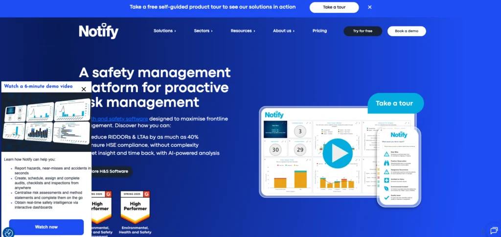 Notify Technology home page: a safety management platform for proactive risk management, with a dashboard preview