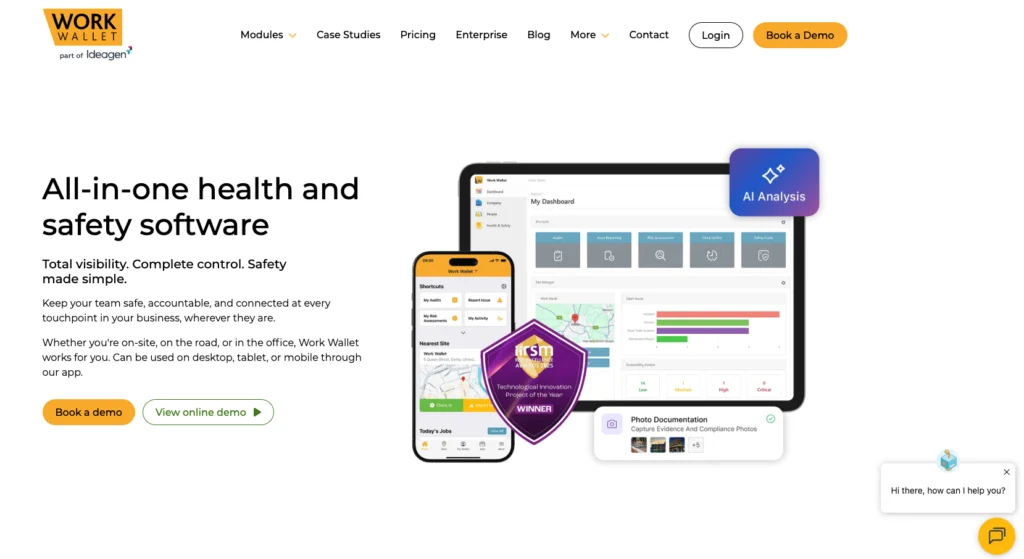 Work Wallet home page: all-in-one health and safety software, shown on a tablet and phone