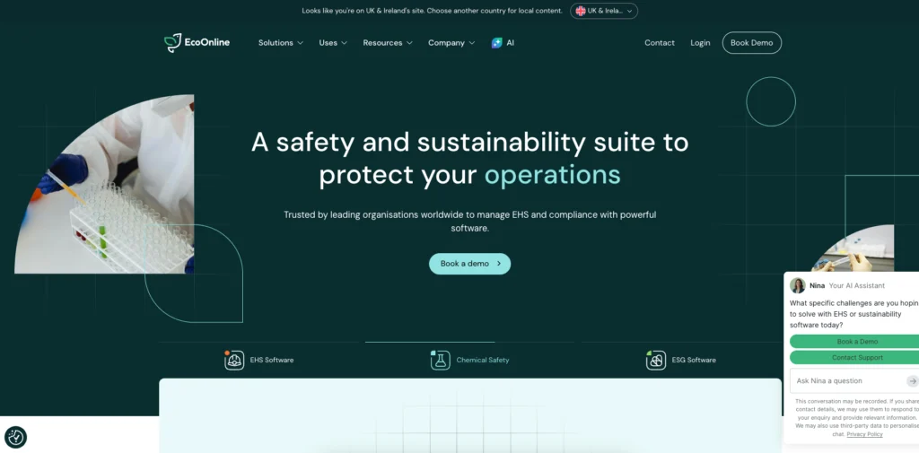 EcoOnline home page: a safety and sustainability suite to protect your operations
