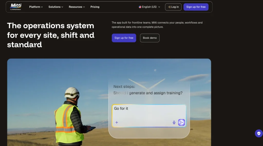Mitti by SafetyCulture home page: a site worker in hi-vis beside an AI assistant prompt