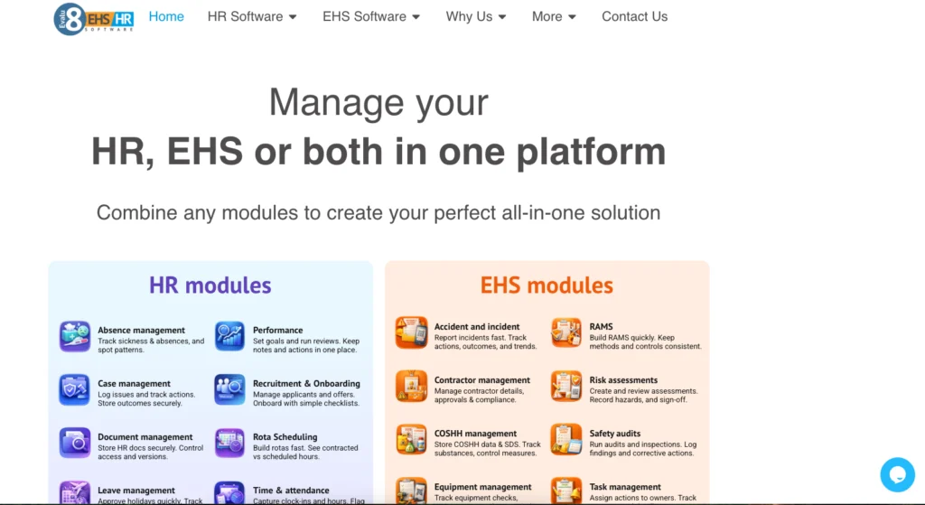 Evalu-8 home page: manage HR, EHS or both in one platform, with the HR and EHS module lists