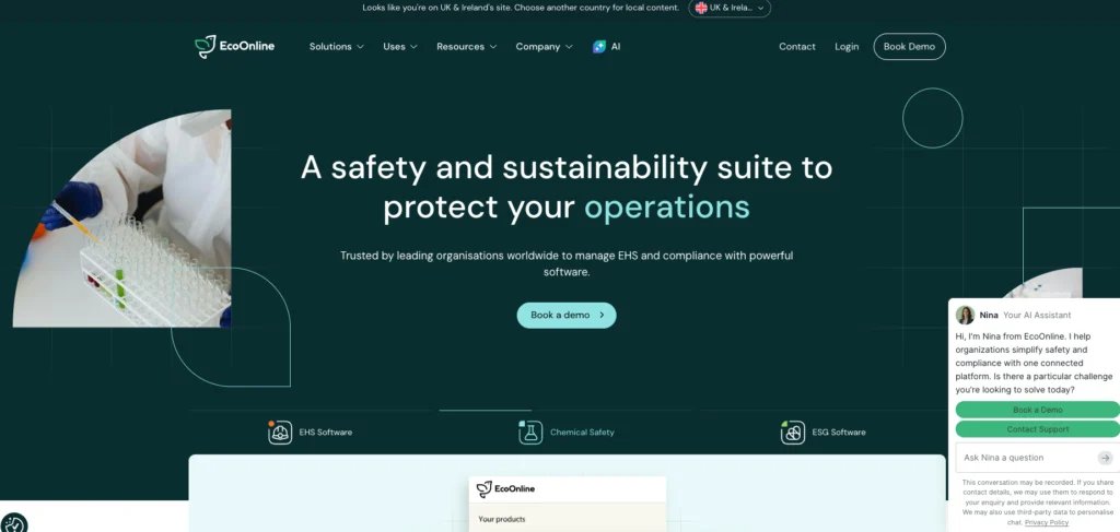 EcoOnline home page: a safety and sustainability suite to protect your operations
