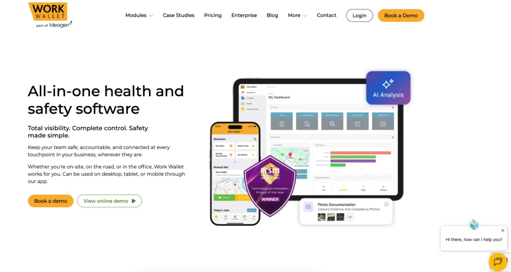 Work Wallet home page: all-in-one health and safety software, shown on a tablet and phone