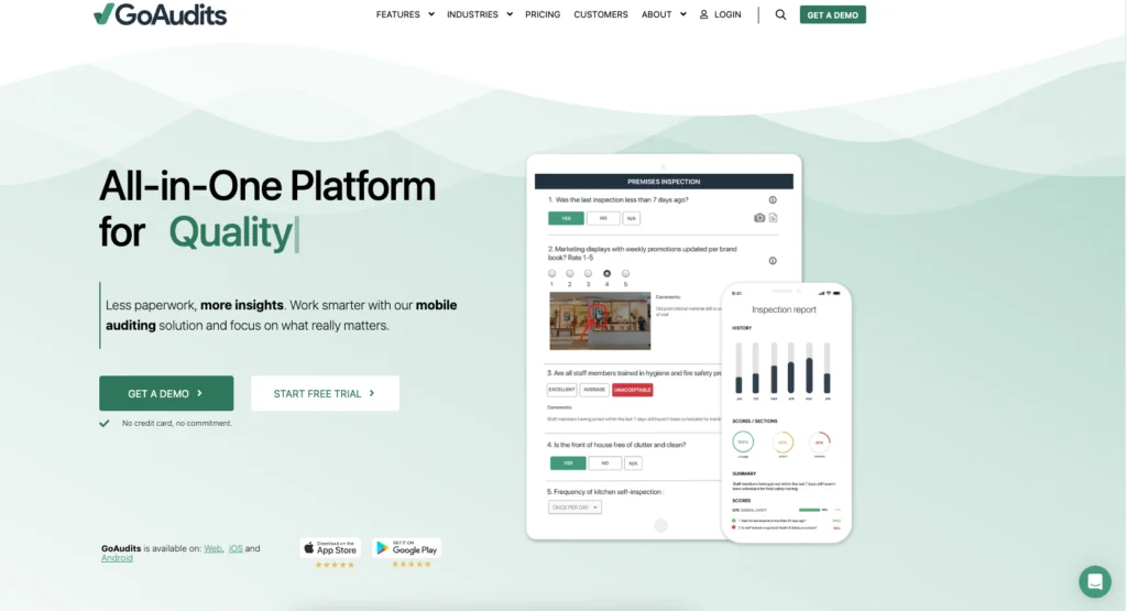 GoAudits home page: all-in-one platform, with an inspection form and report on a phone