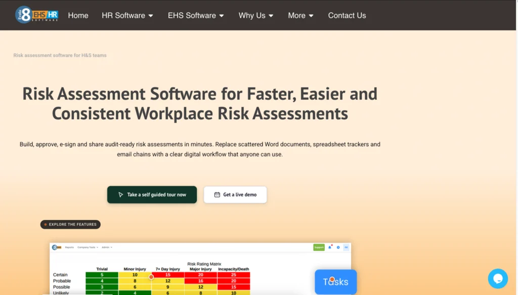 Evalu-8 risk assessment software page with a risk rating matrix