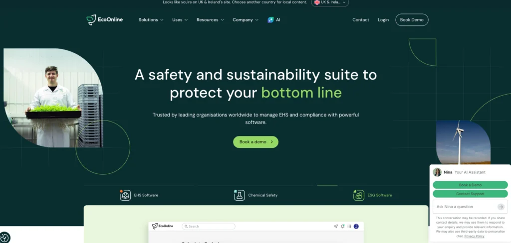 EcoOnline home page: a safety and sustainability suite to protect your bottom line