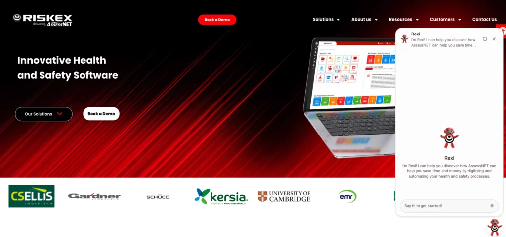 Riskex AssessNET home page: innovative health and safety software, with customer logos