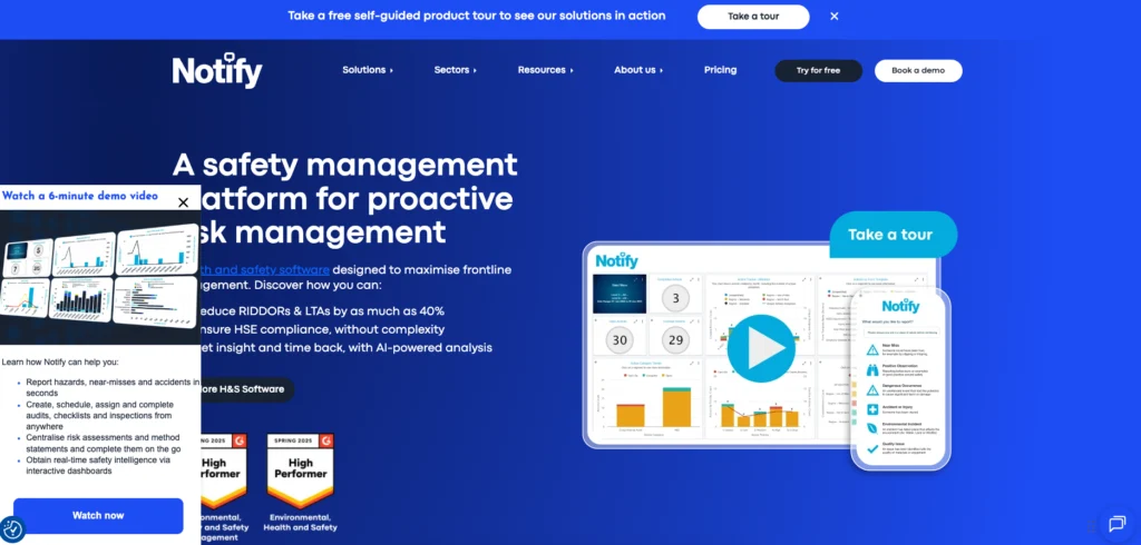 Notify Technology home page: a safety management platform for proactive risk management, with a dashboard preview