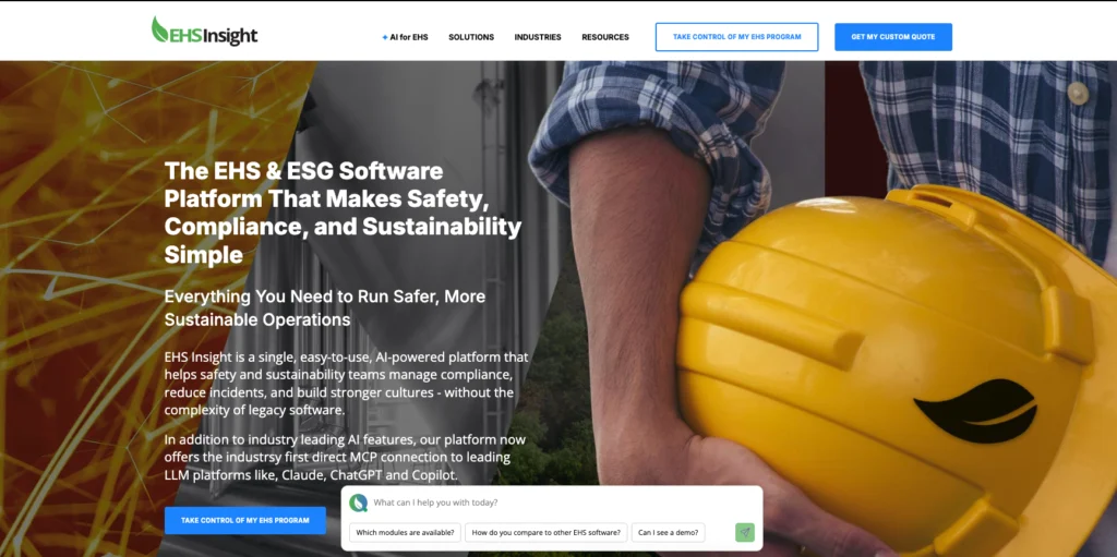 EHS Insight home page: the EHS and ESG software platform, beside a worker holding a yellow hard hat