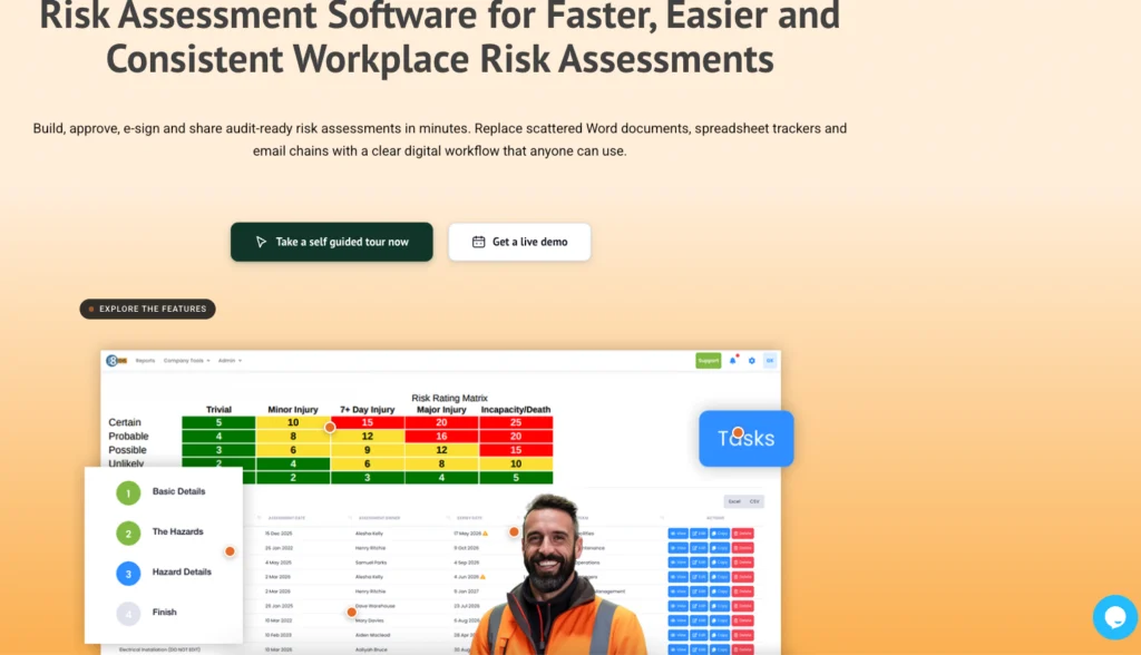 Evalu-8 risk assessment software page with a risk rating matrix and a smiling site worker