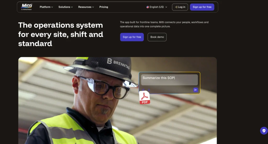 Mitti by SafetyCulture home page: a site worker beside an AI prompt to summarise an SOP