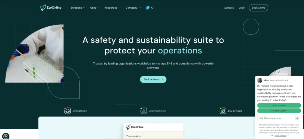EcoOnline home page: a safety and sustainability suite to protect your operations