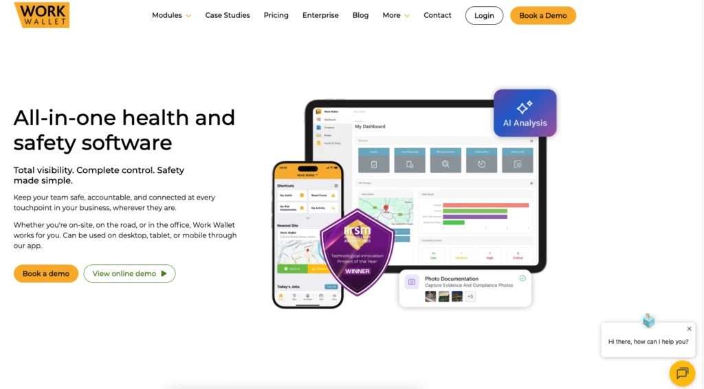 Work Wallet home page: all-in-one health and safety software, shown on a tablet and phone