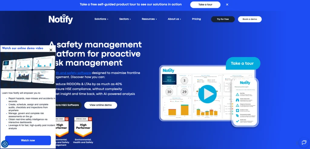 Notify Technology home page: a safety management platform for proactive risk management, with a dashboard preview
