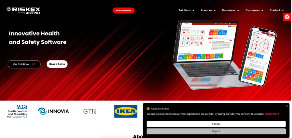 Riskex AssessNET home page: innovative health and safety software on a laptop and phone