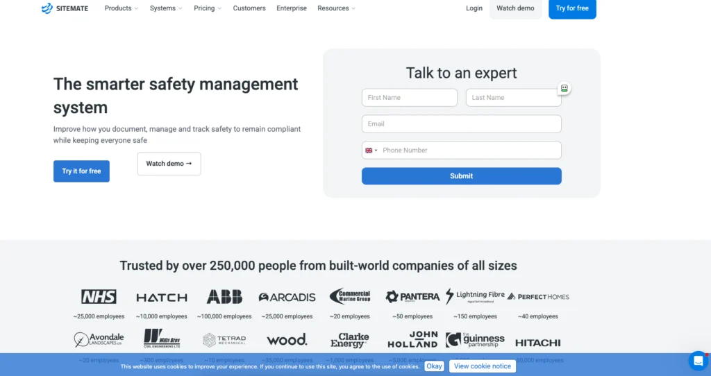 Sitemate home page: the smarter safety management system, with customer logos