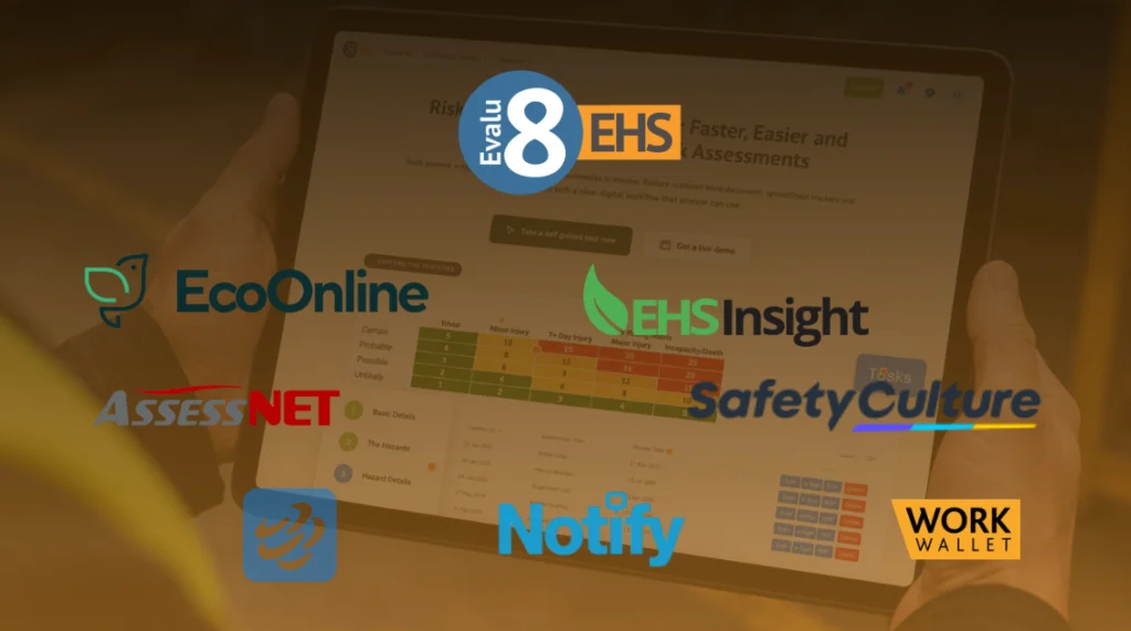 Evalu-8 EHS, EcoOnline, EHS Insight, AssessNET, SafetyCulture, Notify, Work Wallet and Sitemate logos over a tablet showing a risk assessment