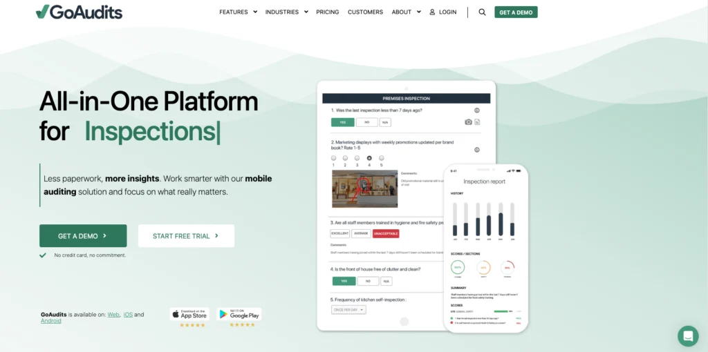 GoAudits home page: all-in-one platform for inspections, with an inspection form and report on a phone