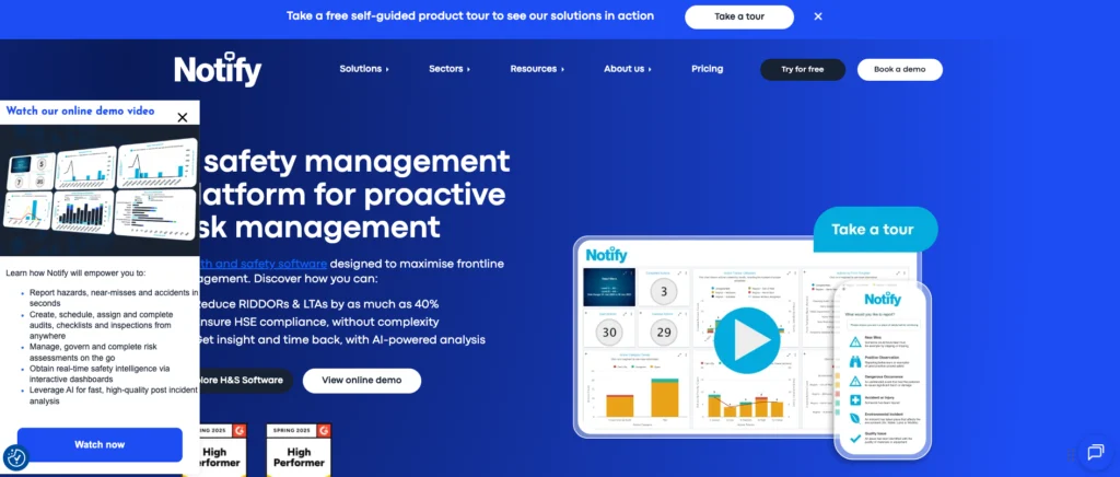 Notify Technology home page: a safety management platform for proactive risk management, with a dashboard preview