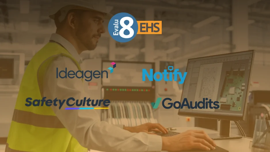Evalu-8 EHS, Ideagen, Notify, SafetyCulture and GoAudits logos over a worker at a computer