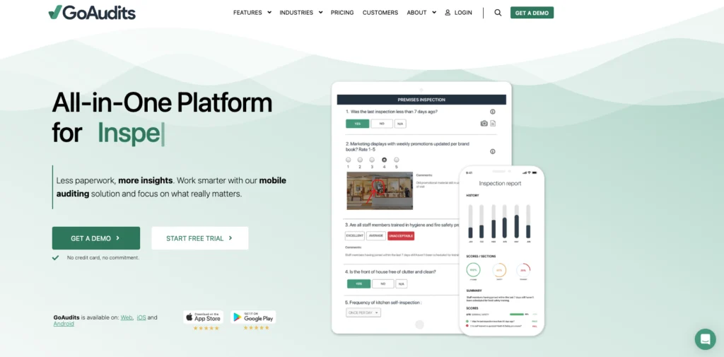 GoAudits home page: all-in-one platform, with an inspection form and report on a phone