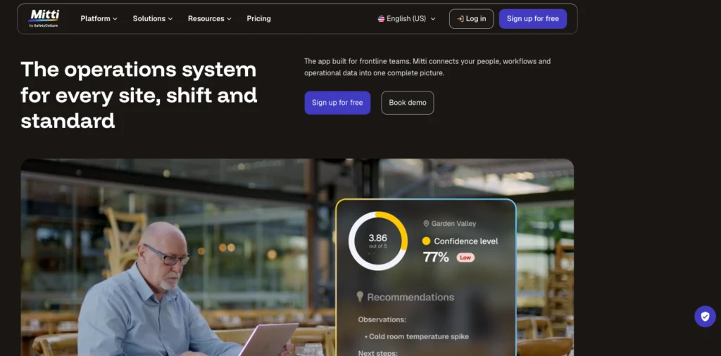 Mitti by SafetyCulture home page with a confidence score and recommendations panel