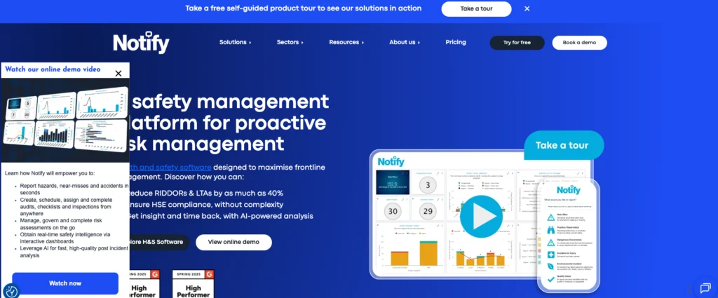 Notify Technology home page: a safety management platform for proactive risk management, with a dashboard preview