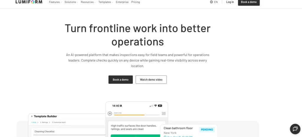 Lumiform home page: turn frontline work into better operations, with a template builder and mobile checklist