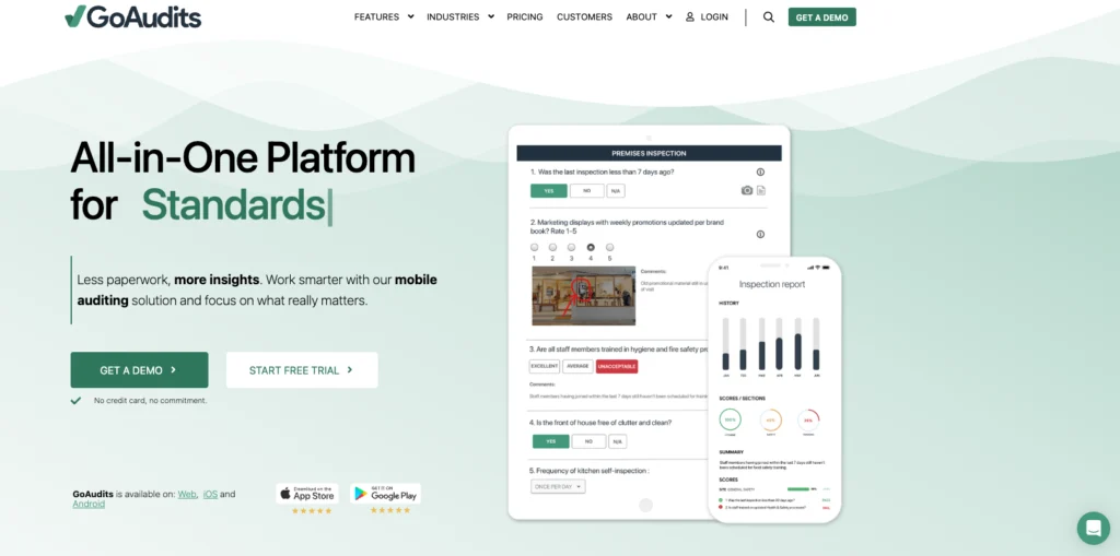 GoAudits home page: all-in-one platform, with an inspection form and report on a phone