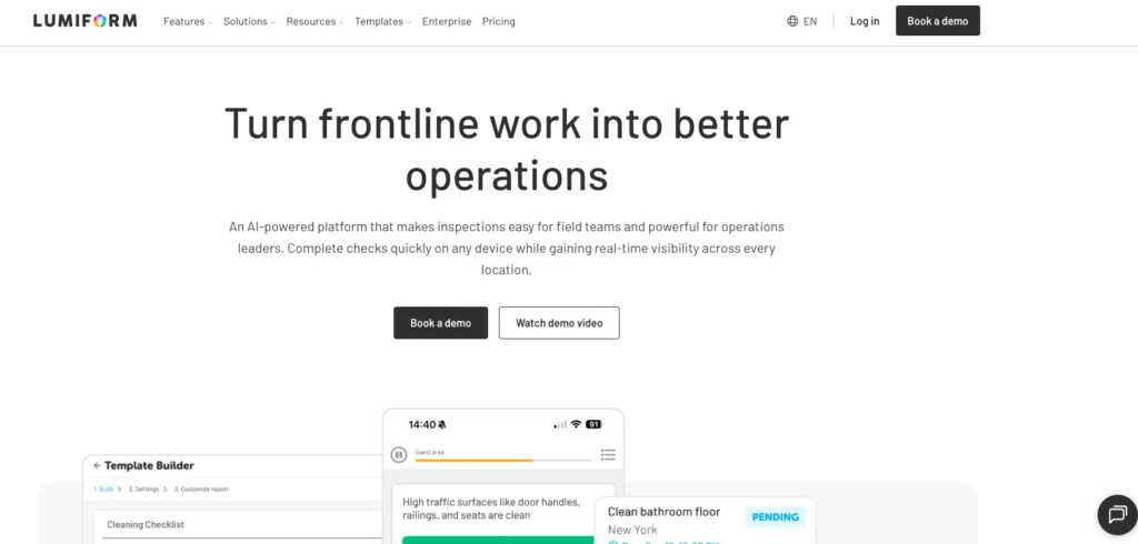 Lumiform home page: turn frontline work into better operations, with a template builder and mobile checklist