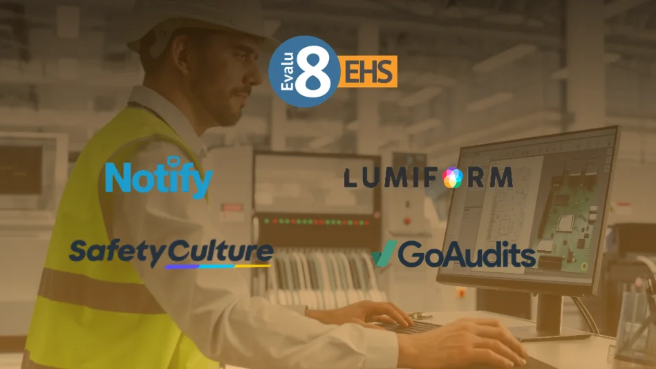 Evalu-8 EHS, Notify, Lumiform, SafetyCulture and GoAudits logos over a worker at a computer