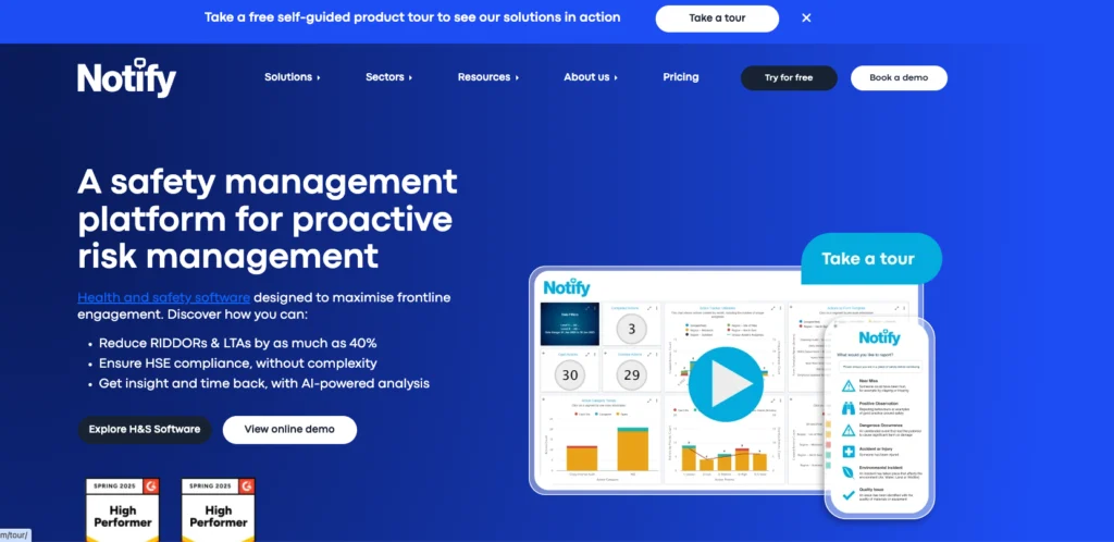 Notify Technology home page: a safety management platform for proactive risk management, with a dashboard preview