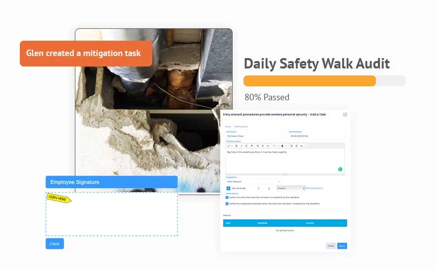 Evalu-8 daily safety walk audit 80% passed, with a photo, a mitigation task and an employee signature