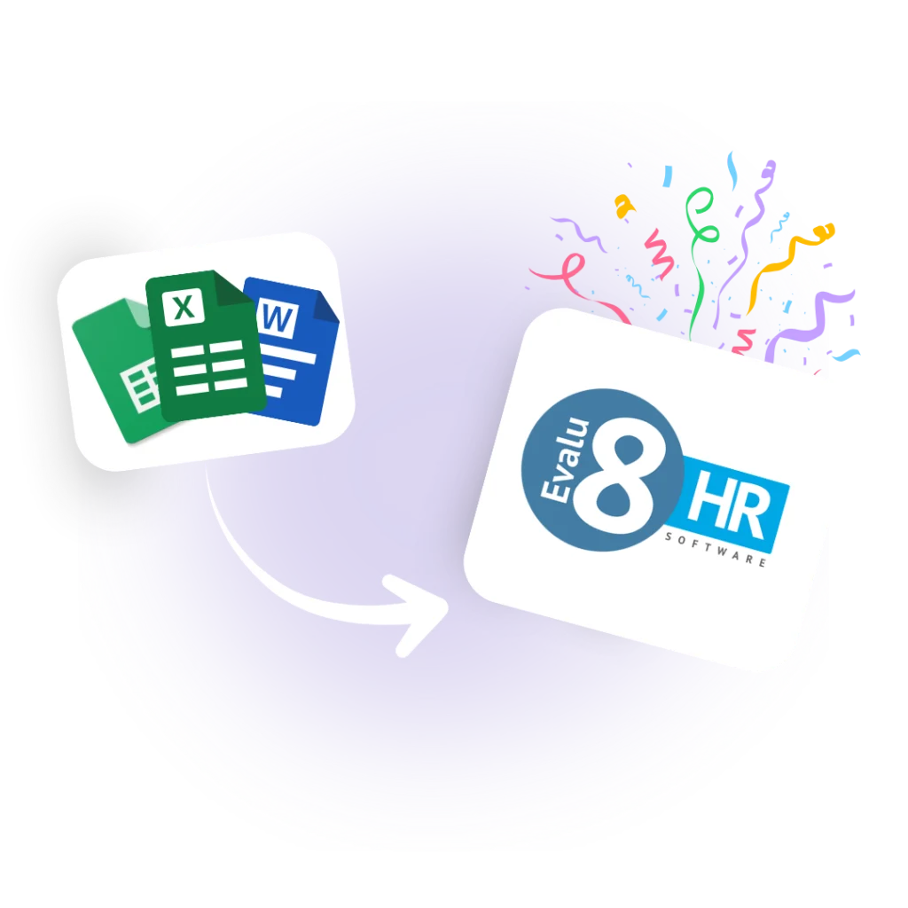 Excel and Word icons with an arrow to the Evalu-8 HR logo