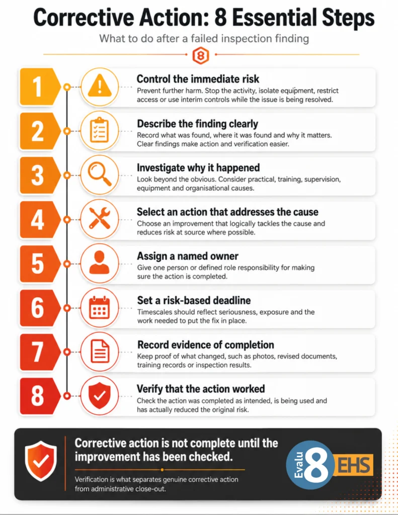 Infographic: corrective action in 8 essential steps after a failed inspection finding