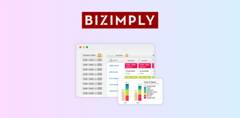 Bizimply logo above a shift schedule and front-of-house staffing chart