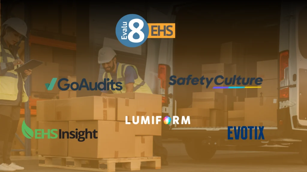 Evalu-8 EHS, GoAudits, SafetyCulture, Lumiform, EHS Insight and Evotix logos over a warehouse loading bay
