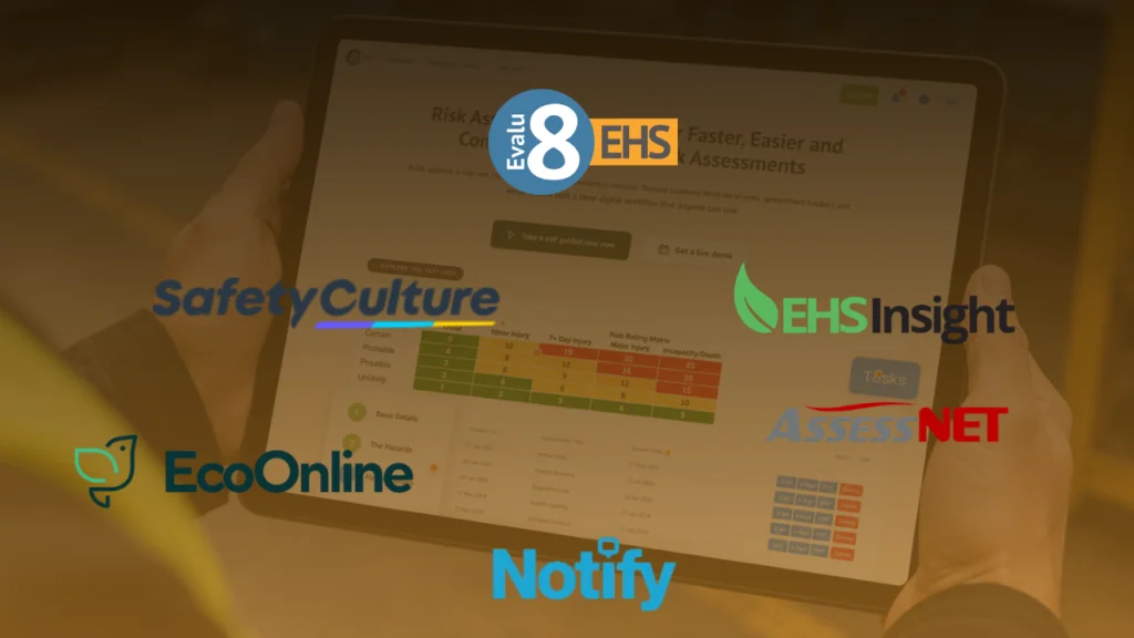 Evalu-8 EHS, SafetyCulture, EHS Insight, EcoOnline, AssessNET and Notify logos over a tablet showing a risk assessment