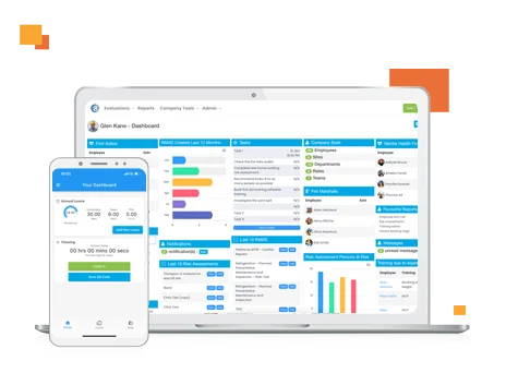Evalu-8 EHS dashboard on a laptop with the mobile app on a phone