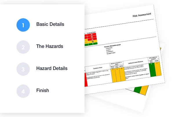 Evalu-8 risk assessment steps, basic details, hazards, hazard details and finish, beside a finished assessment
