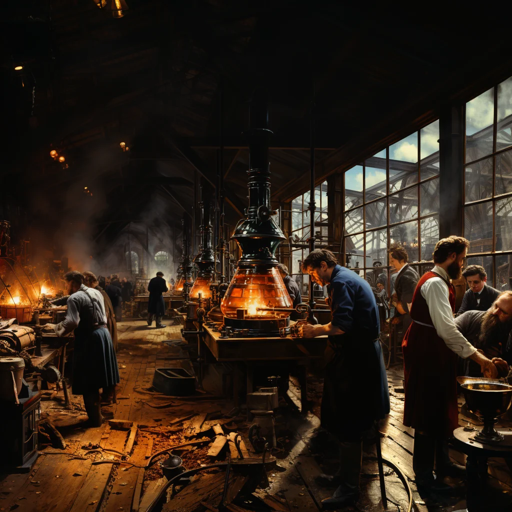 AI-generated image of a smoky, crowded 19th-century factory floor