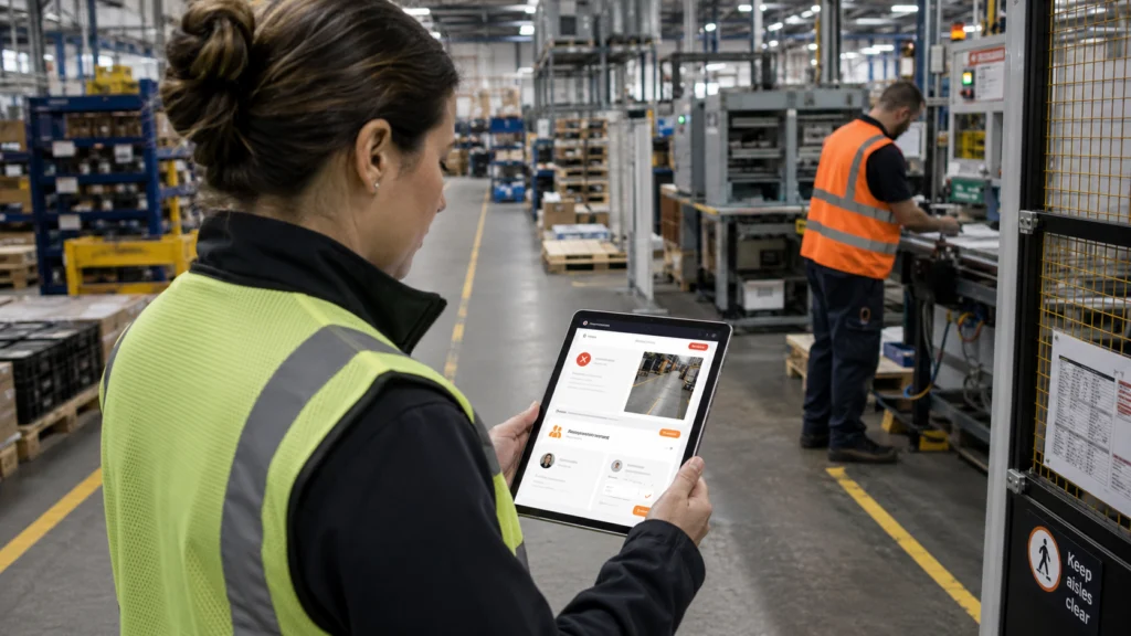 Warehouse inspector in hi-vis holding a tablet while a colleague works at a machine