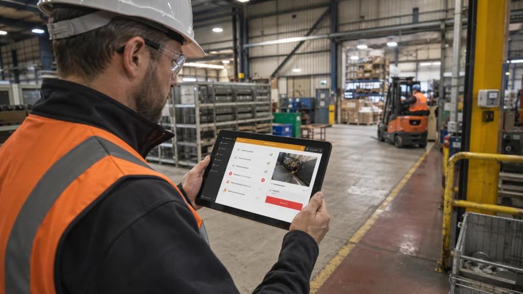 Warehouse inspector in hi-vis using a checklist on a tablet
