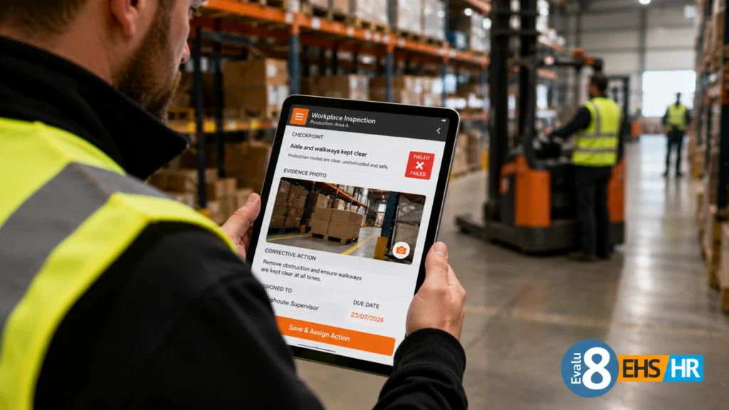 Warehouse worker holding a tablet showing a failed workplace inspection checkpoint and a corrective action